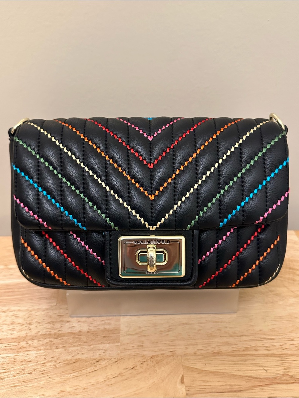 Karl Lagerfeld Black Quilted Crossbody Bag with Multicolor Stitching - Picture 16 of 16